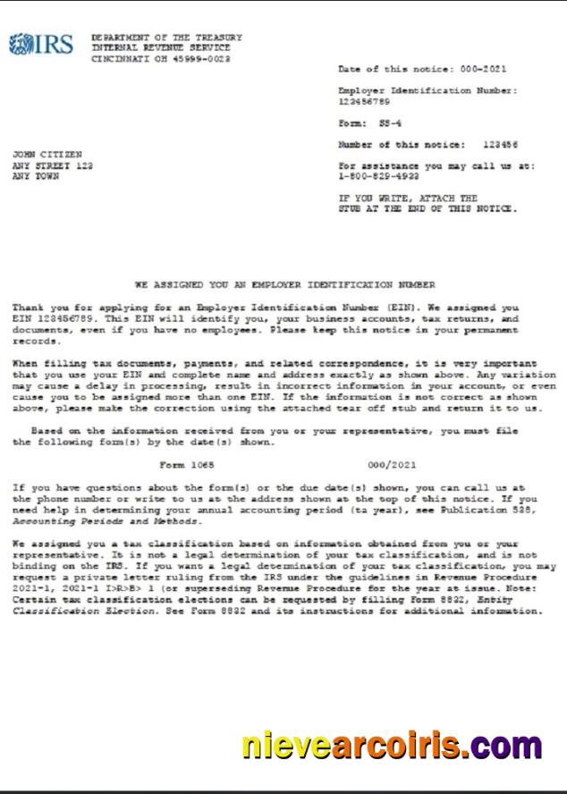 USA INTERNAL REVENUE SERVICE (IRS) Employer Identification Number (EIN) business registration